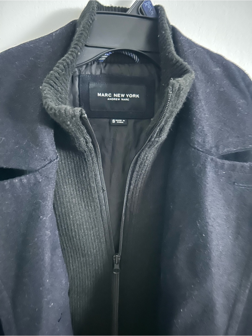 Marc New York Black double breasted Zip-Up Wool Coat with Ribbed Inner Collar